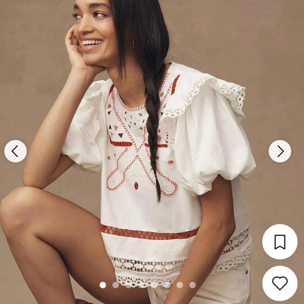 Anthropologie White Eyelet Peasant Blouse with Red Embroidery